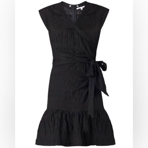 Veronica Beard Shadow Shirred Mini Wrap Dress black stretch cotton. - Picture 9 of 9